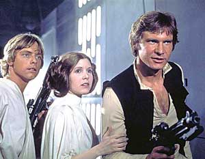 Han Solo, Luke Skywalker y la Princesa Leia Organa en un fotograma de la película